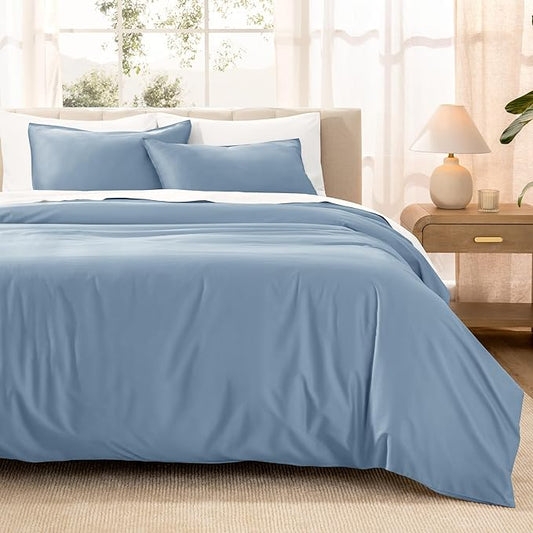 Bare Home 100% Organic Cotton Sateen Duvet Cover Set - Full/Queen Size - 400 Thread Count - Smooth Sateen Weave - Warm & Luxurious - Duvet Cover (Full/Queen, Dusty Blue)