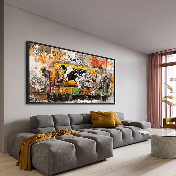 JEAWA Framed Canvas Wall Art - Large Creative Wall Art for Bedroom Living Room Bathroom, Modern Artwork Decor for Home Decoration, Funny Cow Color Graffiti, 29x58 IN