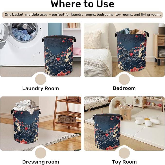 Japanese Wave Cherry Blossom Large Clothes Hamper Bag - Laundry Basket with Handles, Space Saving Foldable Design for Nursery