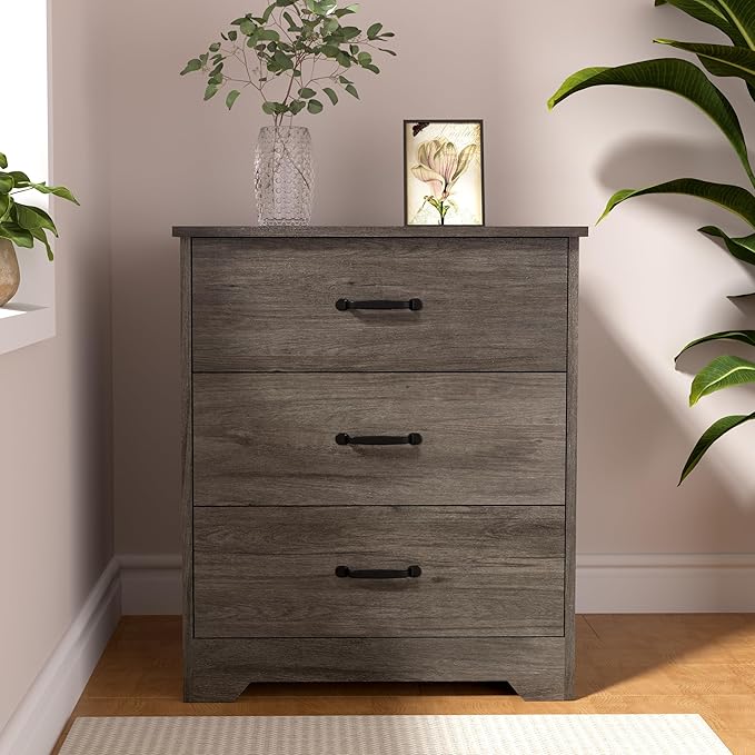 Farmhouse 3 Drawer Dresser, Small Wooden Chest of Drawers Classic White Dresser for Bedroom Living Room Entryway (Dark Gray, 3 Drawer)