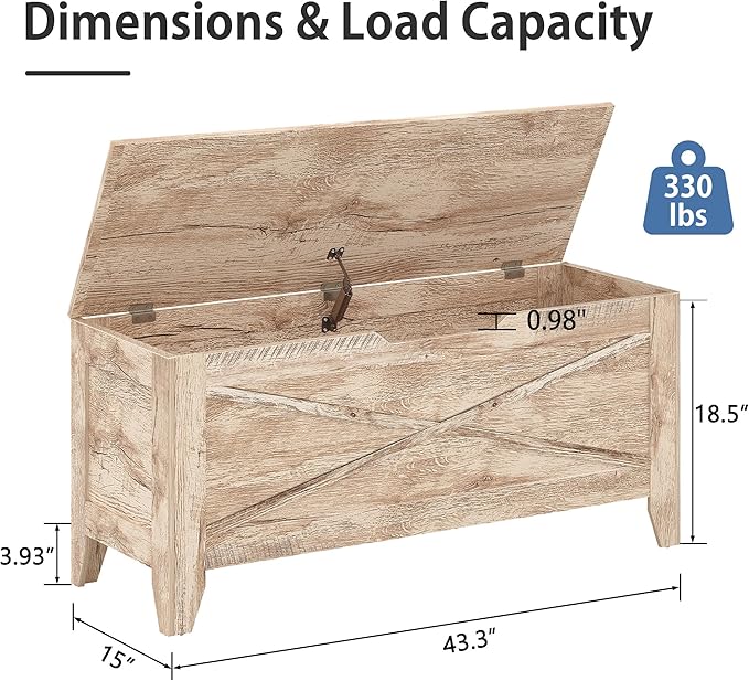VECELO 43.3" Farmhouse Style Storage Bench, Entryway Shoe Ottoman, with Handwoven Cushion, with Metal Safety Hinges, for Bedroom, Living Room, Entryway, Light Wood