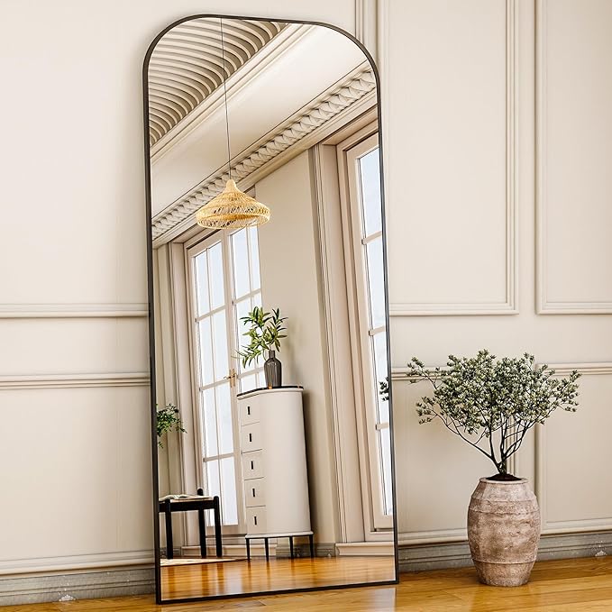 HARRITPURE 71"x26" Full Length Mirror Full Body Mirror Top Rounded Corner Aluminum Frame Hanging or Leaning Wall Floor Mirror with Stand for Living Room Bedroom Cloakroom,Black