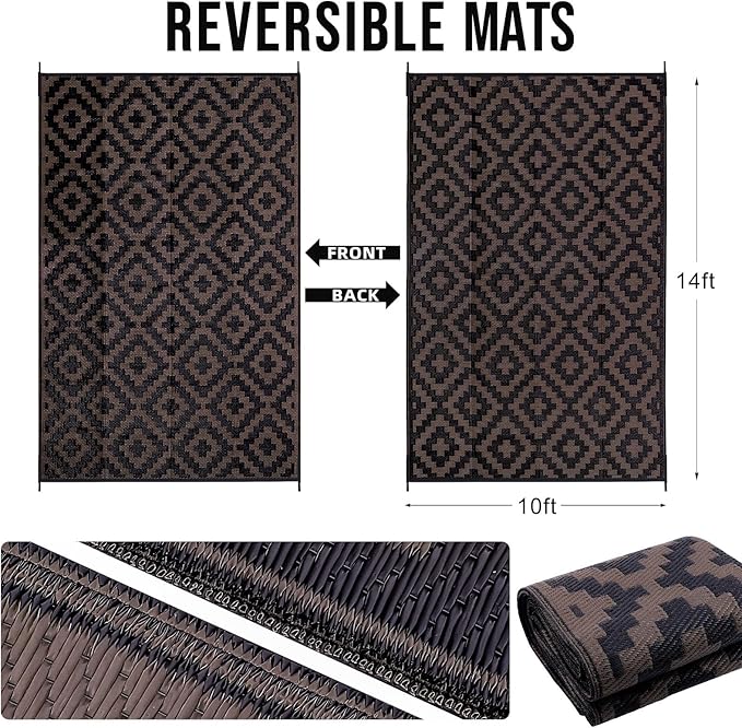 OLANLY Waterproof Outdoor Rug 10x14 ft, Outdoor Plastic Straw Rug for Camping, RV Mat Outside, Outdoor Carpet for Porch, Deck, Backyard, Balcony, Picnic, Black & Brown