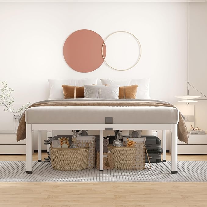ROIL 18 Inch White Full Size Bed Frame with Rounded Corner and Headboard Hole Mattress Retainers 3500LBS Heavy Duty Steel Slats No Box Spring Needed Platform Noise-Free Easy Assembly