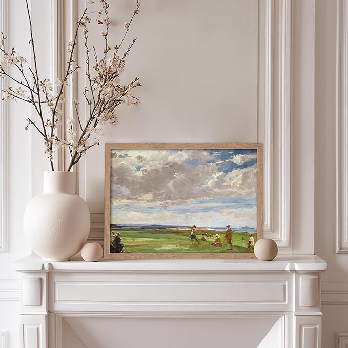 Poster Master Vintage Lady Astor Playing Golf at North Berwick Painting Poster - Retro Golf Course Print - Golf Art - Sports Art - Landscape Art - Office or Living Room Decor, 11x14 Beige Framed