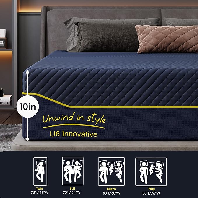 10 Inch Memory Foam Full Mattress with Green Tea Cooling Gel, CertiPUR-US Certified, Breathable & Supportive Mattress in a Box, Navy Blue