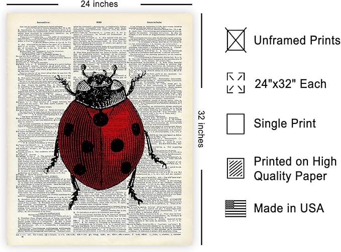Poster Master Dictionary Art Poster - Retro Ladybug Print - Insect Art - Red Bug Art - Gift for Men, Women & Animal Lover - Minimal Decor for Living Room & Kid's Room, 24x32 Unframed Wall Art