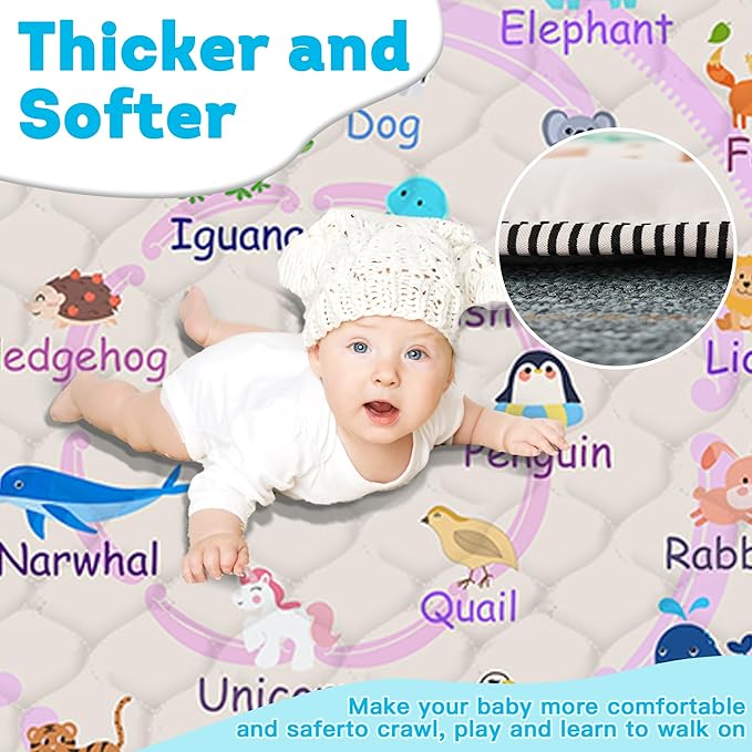 Baby Play Mat，Thick Soft 50" X 50" Playpen mat, Non-Slip and Machine Washable Baby Play Mats for Floor，Crawling Mat for Babies, Toddlers & Infants to Play and Learn (Pink Animal, 50" X 50")