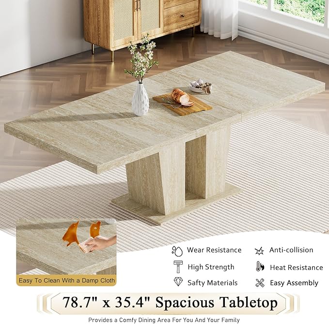 Goujxcy 9-Piece Extendable Dining Table Set for 8, 63-78 Inch Faux Travetine Kitchen Table Set with 8 Grey Upholstered Chairs Modern Wood Expandable Dining Room Table Set for Kitchen Apartment