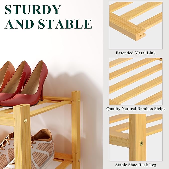 Smiry Bamboo Shoe Rack for Closet, 5 Tier Wooden Stackable Shoe Organizer, Free Standing Shoes Storage Shelf for Entryway, Front Door Entrance, Natural
