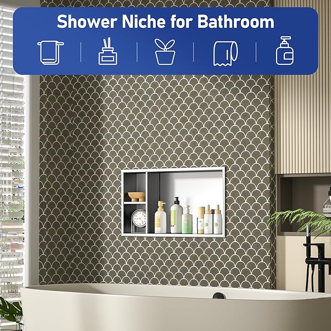 Stainless Steel Shower Niche 24" X 12" Brushed No Tile Needed Wall Niche with Shelf Recessed Horizontal Niches for Bathroom Storage Over Mount Installation