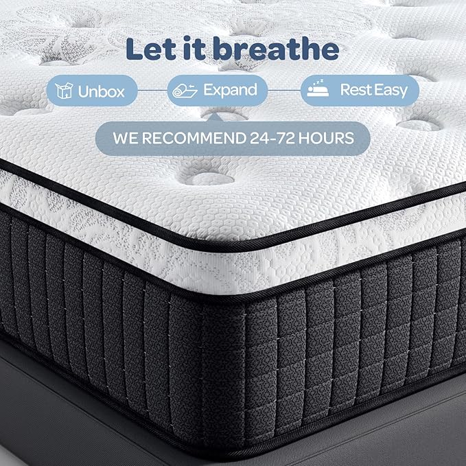 OhGeni 14 Inch Cooling Queen Size Mattress, Hybrid Gel-Infused Memory Foam Bed Mattresses in a Box, Medium Feel Cool Top Fabric, Individual Pocket Innerspring, 3-Zone Design & Reinforced Edge Support