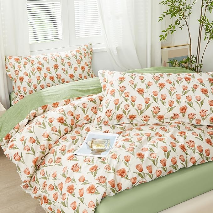 SAPHREAS Red Tulips Floral Duvet Cover Set Full Size 3pcs Green Leaves Soft Cozy Bedding Comforter Cover Set 100% Cotton 1 Duvet Cover 90"x80" 2 Pillow Shams, Comforter Not Included