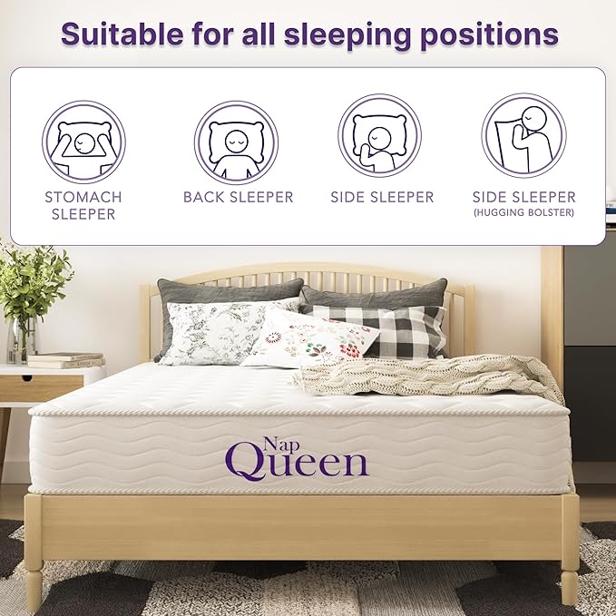 NapQueen 8 Inch Innerspring Full Size Medium Firm Memory Foam Mattress, Bed in a Box White