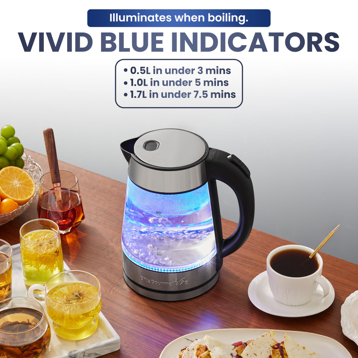 Elite Gourmet 1.7L BPA-Free Glass Electric Kettle, 1500W, Blue LED