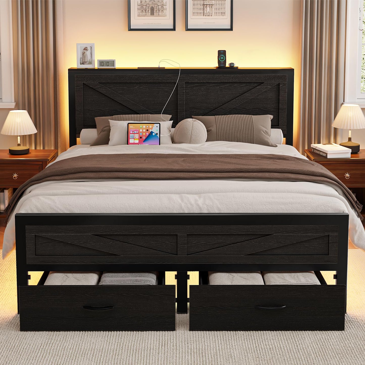 Siihnon Rustic Queen Bed Frame with Storage Drawers and Barn Door Headboard, Farmhouse LED Bed Frame Queen Size with Charging Station, Metal Industrial Platform Bed Frames, No Box Spring Needed, Black