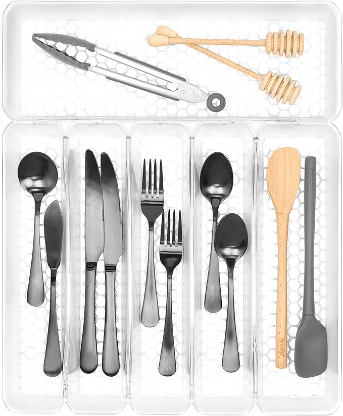 Spectrum Diversified Hexa Drawer Organizer Tray Modern Kitchen Cutlery, Utensil, Silverware Holder Caddy, 6 Dividers Cabinet Storage, 13 x 16, Clear Frost