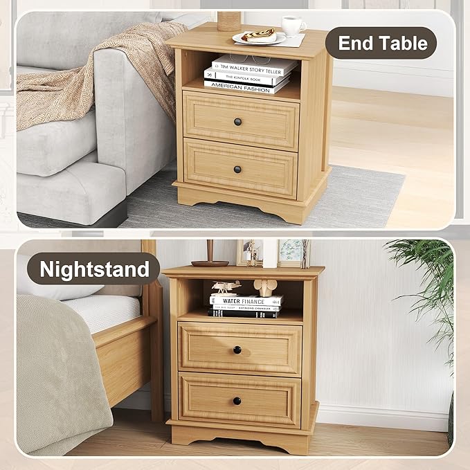 XIAO WEI Nightstand with Hidden Drawer, 2-Drawer Nightstand with Open Shelf – Sturdy Wood Bedroom End Table for Storage, Modern Furniture for Bedroom Organization, Natural Wood