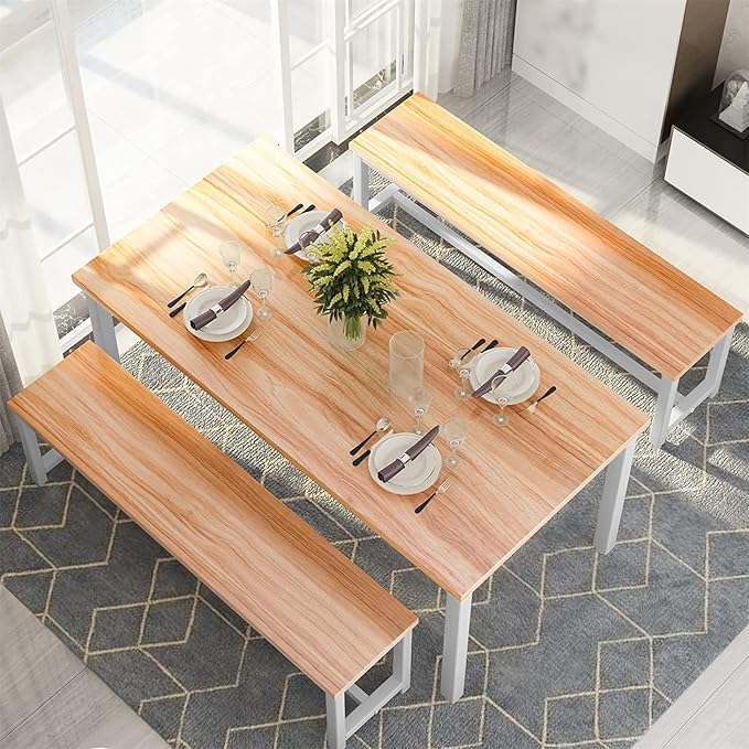 Dining Room Table Set with 2 Benches, Farmhouse Dining Table Set for 4-6, Wood Breakfast Table Set Dinner Table Set Kitchen Table and Chairs for Breakfast Nook Small Spaces, Beige