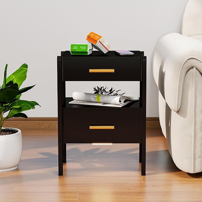 Nightstand with 2 Drawers and Open Shelf Wood Bedside Table Gold Handles Storage Night Stand with Light for Bedroom, Black