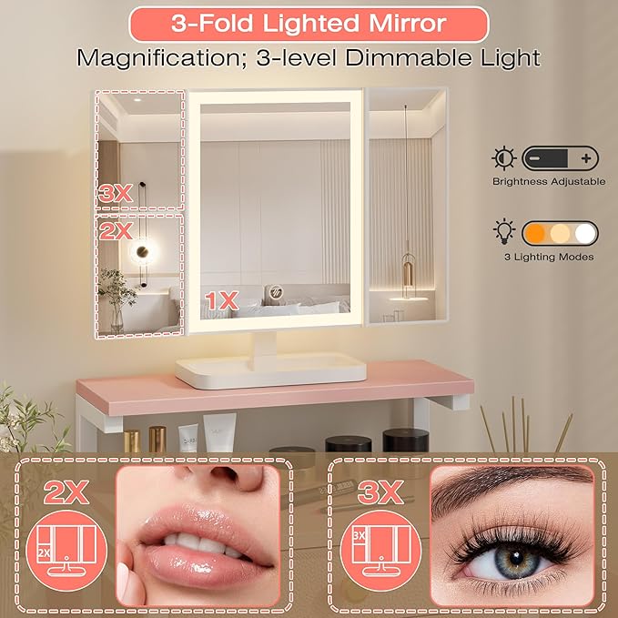 Vanity Desk with Mirror and Lights, 28.4''W Small Makeup Vanity Table with Height-Adjustable Stand, 2 Fabric Drawers Compact Makeup Desk, Gift for Girls, Bedroom Small Space, Pink