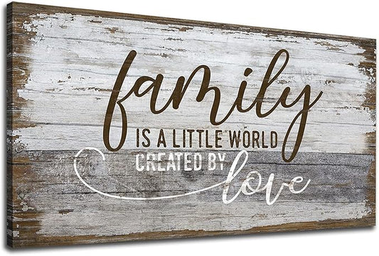 Family Is a Little World Created by Love Canvas Wall Art Rustic Letters Prints Retro Farmhouse Wooden Board Canvas Pictures Wall Decor Vintage Canvas Artwork for Living Room Decoration 20" x 40"