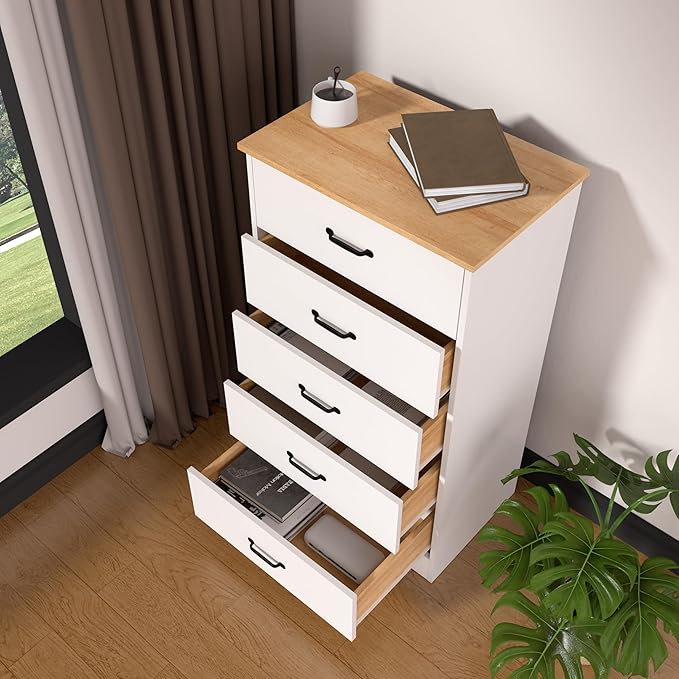 Farmhouse 5 Drawer Dresser, Small Wooden Chest of Drawers Classic White Dresser for Bedroom Living Room Entryway (White, 5 Drawer)
