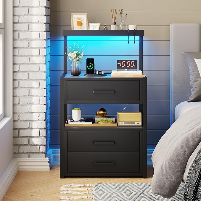 Nightstand with Charging Station and LED Lights, LED Night Stand with 2 USB Ports and 2 AC Outlets, Modern End Table with 3 Drawers, Bedside Table with Open Storage for Bedroom, Black