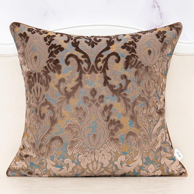 Alerfa Boho Brown Floral Throw Pillow Cover 18x18 Inch Cut Velvet Sqaure Luxury Embroidered Decorative Pillow Cover for Couch Living Room Bedroom