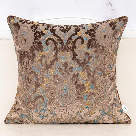 Alerfa Boho Brown Floral Throw Pillow Cover 18x18 Inch Cut Velvet Sqaure Luxury Embroidered Decorative Pillow Cover for Couch Living Room Bedroom