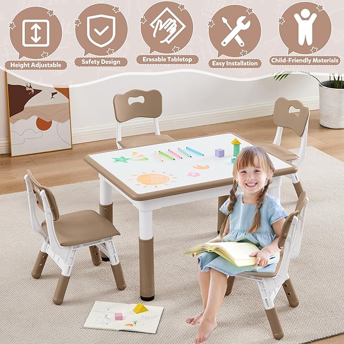Adjustable Kids Table Chairs Set – Graffiti Desktop, Multi-Activity Height-Adjustable Toddler Study Desk for Ages 3-8 – Ideal for Home, Classroom, Daycare (B-Darkbrown, 4 Chairs-31.5" L x 23.6" W)