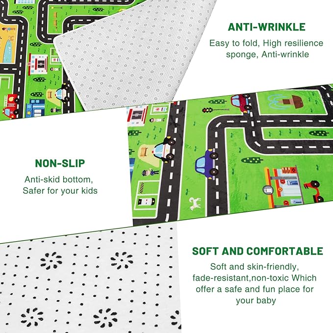 Kids Playmat Car Rug, Kids Play Rugs Town City Road Map Rug, Large Educational Car Mat, Boys Track Play Mat, Kid Rugs for Playroom Bedroom Living Room (Style 1, 78.7X 59 INCH)