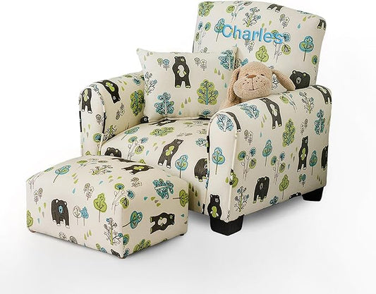 Toddler Personalized Armchair, Kids Upholstered Rocking Chair with Personalization, Toddler Chair with Personalized Name, Comfy Child Armchair, (Bears & Trees Print, Legs)