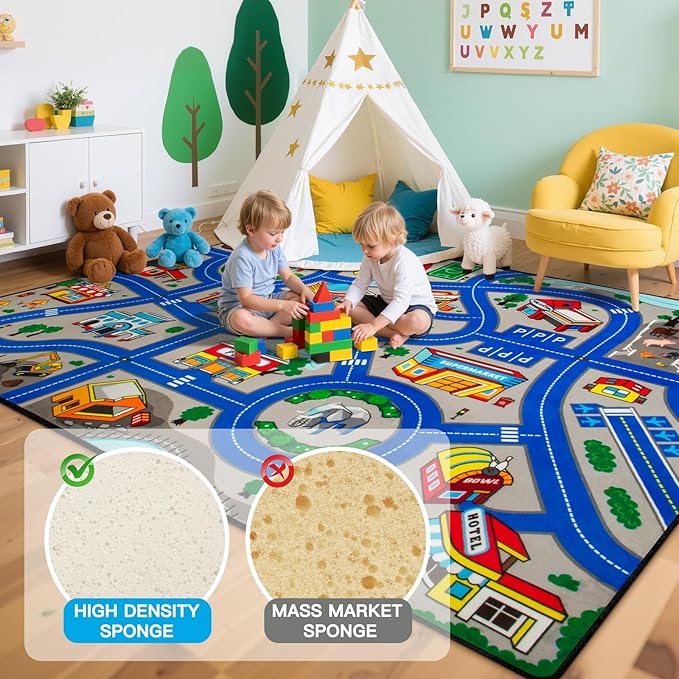 Road Car Rug, 3x5 Ft City Road Rug for Kids, Extra Thick (0.4in) Kids Floor Play Mat and Car Carpet with Realistic Colors - Perfect for Children, Soft and Non-Slip for Playroom and Bedroom