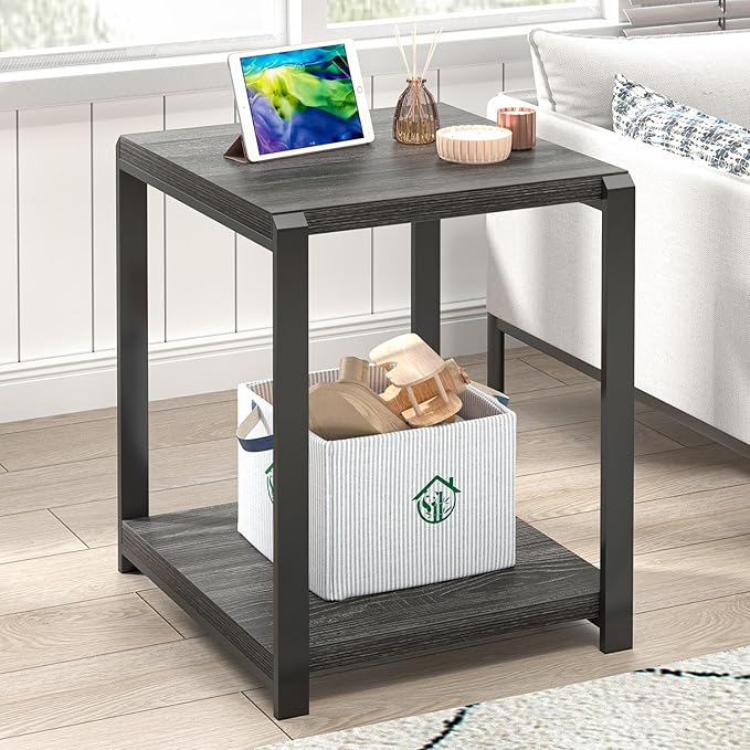 FOLUBAN Modern Side Table, Square End Table with Storage Shelf for Living Room, Rustic Industrial Wood Nightstand for Bedroom, Dark Gray
