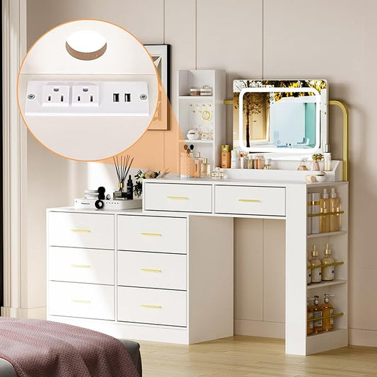 Pamapic 67" Vanity Desk with Mirror and Lights, Golden Handles 15 Storage Dresser with Mirror, 8 Drawers Makeup Vanity with Upgraded Silent Slides, Adjustable Width Corner Vanity Gift