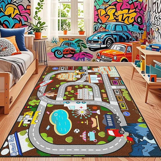 Car Rugs for Kids Toy Cars - City Life Road Rug for Playroom Car Track Rug Car Carpet for Kids Boys Girls Living Room Bedroom Classroom, 4'5''×6'