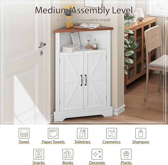 Smuxee Bathroom Corner Storage Cabinet, Farmhouse Floor Corner Cabinet with Barn Door and Adjustable Shelf, White Narrow Cabinet Organizer for Bathroom, Living Room, Kitchen