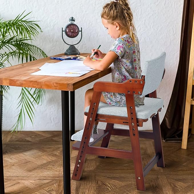 Ezebaby Wooden High Chair for Toddlers to Teens, Adjustable Kids Study & Dining Chair with Steps and Removable Cushion (Nut-Brown)
