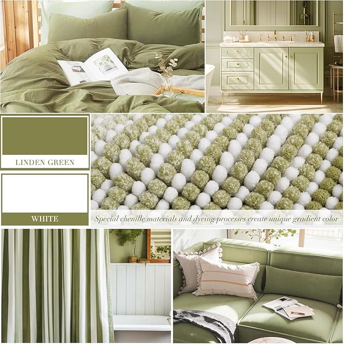 Bathroom Rugs and Mats Sets, 2 Piece Thick Absorbent Chenille Bath Mat Rug Set Non Slip, Soft Shaggy Bath Room Floor Mats for Bathroom, Machine Washable (Linden Green, 20" x 32" Plus 16" x 24")