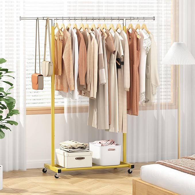 JIUYOTREE Rolling Clothes Rack with Shelf Clothing Garment Rack with Wheels Width Adjustable Clothing Organizer for Hanging Clothes Shirts Pants Skirts and Bags Gold