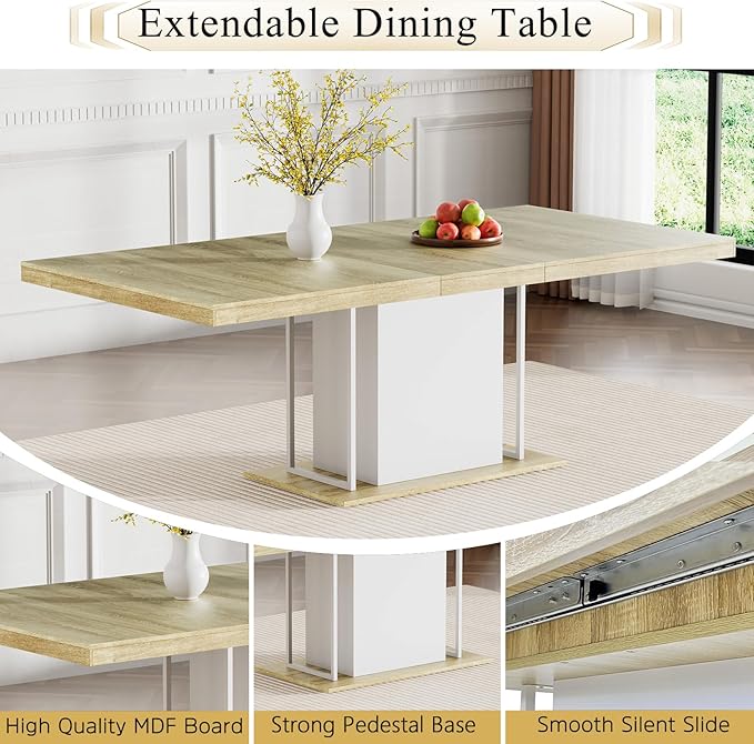Goujxcy 78.7" Farmhouse Extendable Dining Room Table Set for 6, 7-Piece Rectangle Kitchen Dining Room Table Set with Wood Base and 6 Beige Velvet Dining Chairs, Extending Kitchen & Dining Table Set