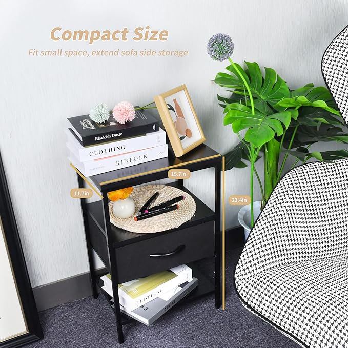 Black Nightstand with Fabric Drawer and Wood Shelf, Waterproof Surface Bedside Table, Eco-Friendly Small Side Table for Bedroom, Dorm, Living Room