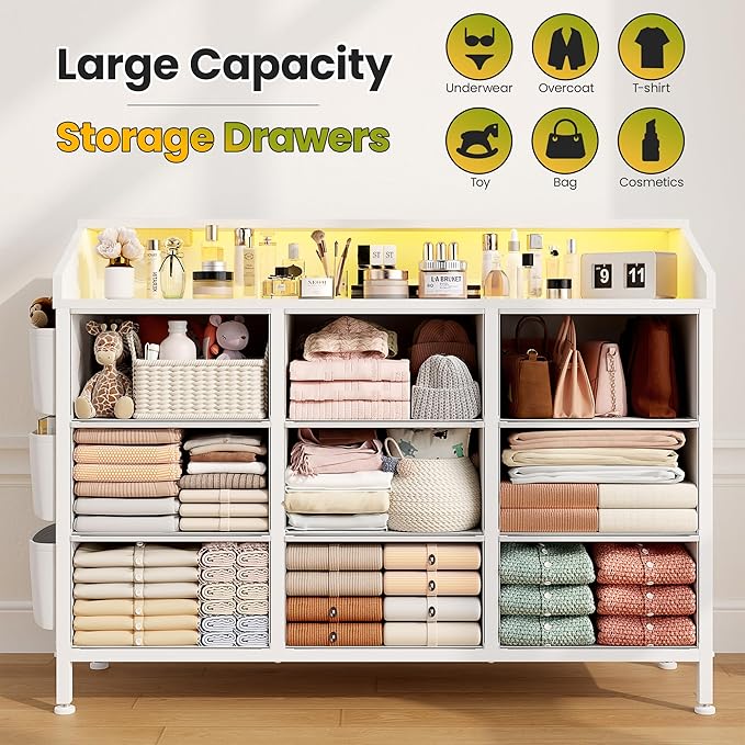 Lulive White Dresser TV Stand with LED Light and Power Outlets, 2-Tier Shelf Fabric Chests of Drawers for Bedroom, Entryway, Closet (White)