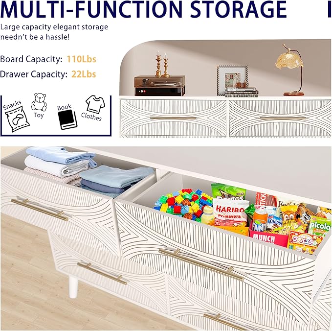 6 Drawer Dresser for Bedroom, Chest of Drawers with Metal Handle, Dresser TV Stand, Wood Drawer Organizer for Bedroom, Enterway, Texture White