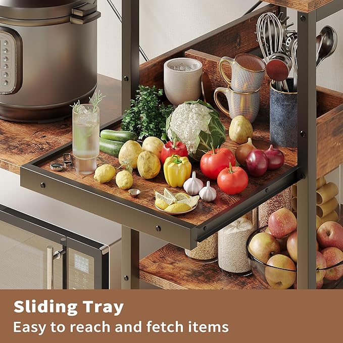Zenira 7 Tiers Kitchen Bakers Rack with Storage Shelves, 36 Inch Microwave Stand, Coffee Bar Cart Station with 3 S Hooks, Kitchen Shelves for Pantry, Spices, Pots, Utensils, Rustic Brown