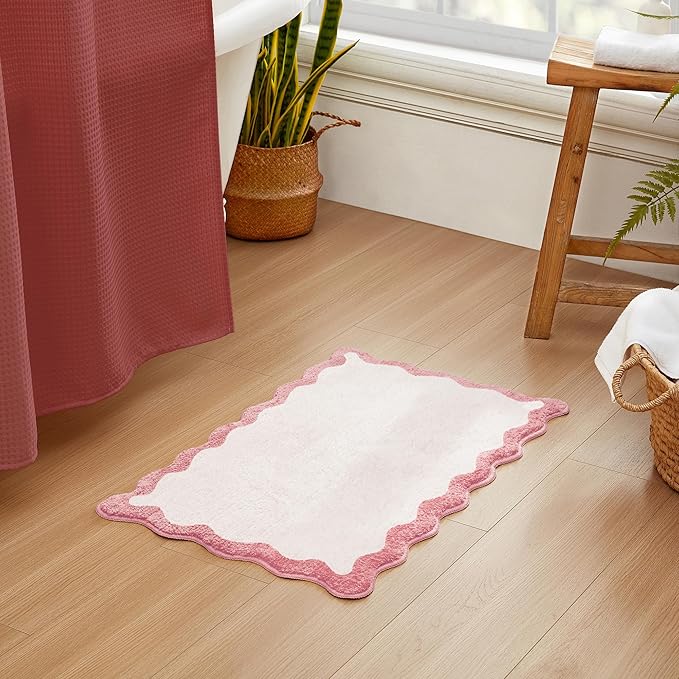 MONDAY MOOSE Bath Mat with Scalloped Wavy Ripple Design, Microfiber Absorbent Non Slip Tufted Rug for Floor, Shower or Kitchen (16x24 inch, Pink)