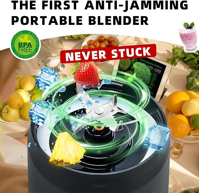 Portable Blender, Anti-Jamming 300 Watt for Shakes and Smoothies, 24oz Travel Blender USB Rechargeable, BPA Free Sporty bottle with a Travel Lid. (Black Base Grey Lid) (Black Base Yellow Lid)