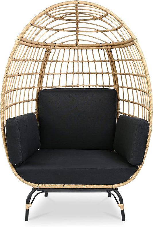 SereneLife Black Wicker Rattan Egg Chair for Indoor and Outdoor Use - Comfy Sofa Chair with 4 Washable Cushions, Durable Powder-Coated Steel Frame, Stylish Ribbed Back, Supports up to 440lbs