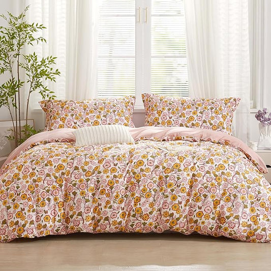 SAPHREAS Pink Floral Duvet Cover Set 3pcs King Size Garden Style Yellow Flowers Bedding Comforter Cover Set 100% Cotton 1 Duvet Cover 104"x90" 2 Pillow Shams, Comforter Not Included